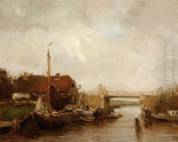 Moored Ships By A Bridge Oil Painting by Willem George Frederik Jansen