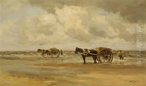 Shell-gatherers With Horses And Carts On The Beach Oil Painting by Willem George Frederik Jansen