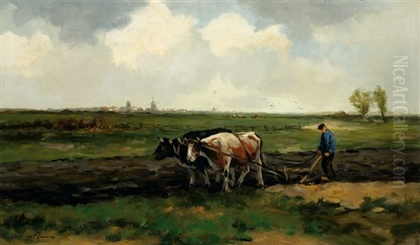 A Ploughing Farmer In A Landscape Oil Painting by Willem George Frederik Jansen