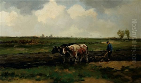 A Farmer Ploughing In A Landscape Oil Painting by Willem George Frederik Jansen