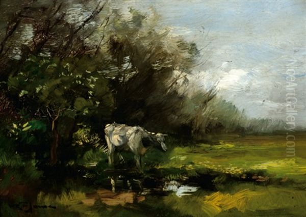 A Cow Near The Border Of A Pond Oil Painting by Willem George Frederik Jansen