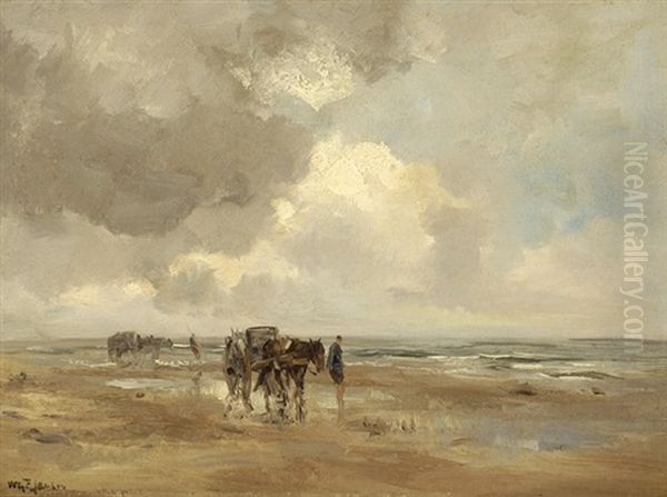 Man With Horse And Cart On The Beach Oil Painting by Willem George Frederik Jansen