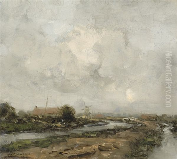 Road Along Water With A Mill In The Background Oil Painting by Willem George Frederik Jansen