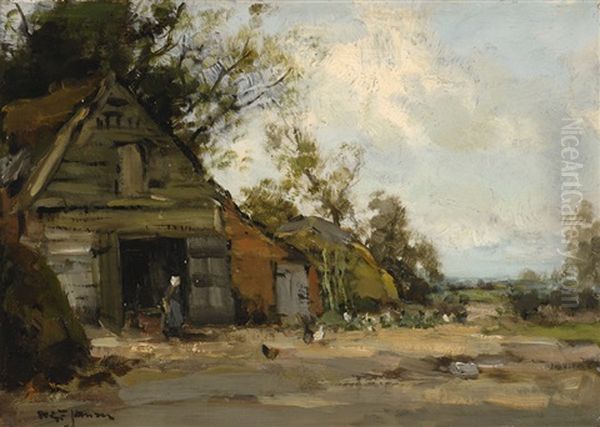 Farmer's Wife With Chickens In The Yard Oil Painting by Willem George Frederik Jansen