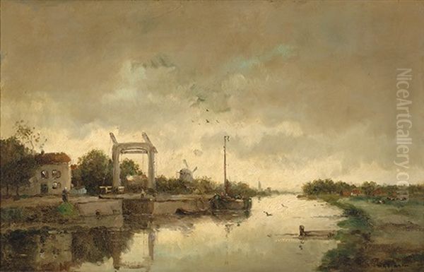 Landscape With A Boat On A Canal By A Draw Bridge Oil Painting by Willem George Frederik Jansen