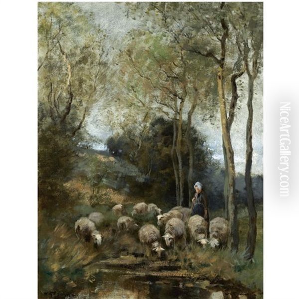 A Sheperdess With Her Flock In The Dunes Oil Painting by Willem George Frederik Jansen