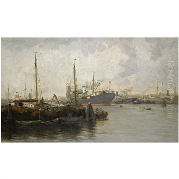 A Busy Harbour Oil Painting by Willem George Frederik Jansen