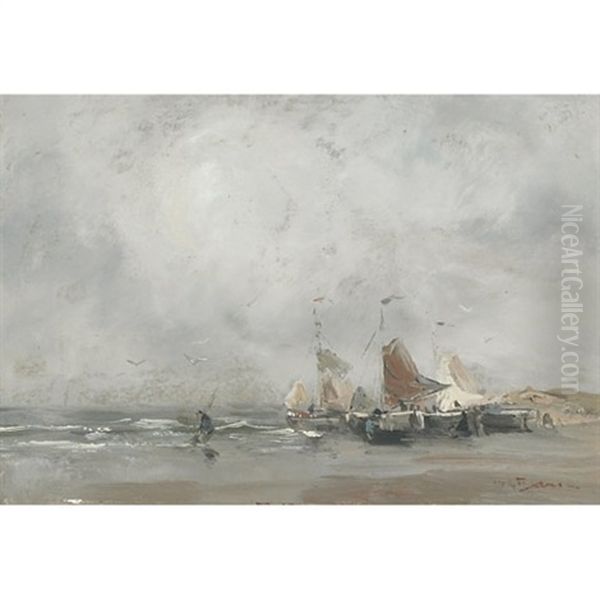 Fishing Boats And Shellfishers On A Breezy Day Oil Painting by Willem George Frederik Jansen