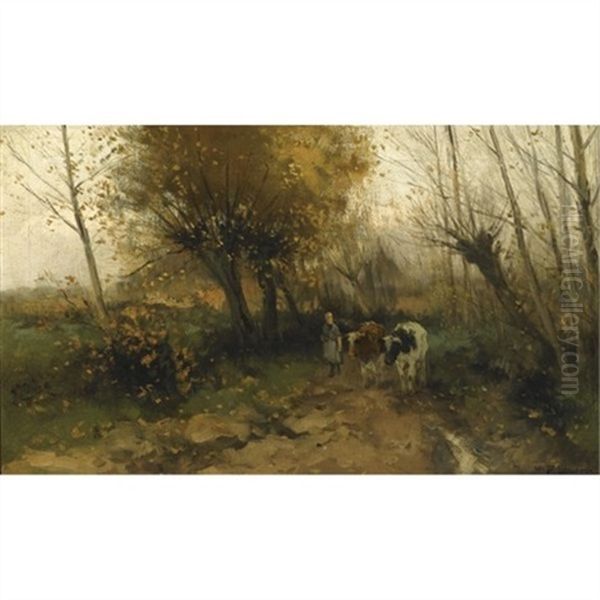 A Cowherdess With Her Cattle On A Country Lane Oil Painting by Willem George Frederik Jansen