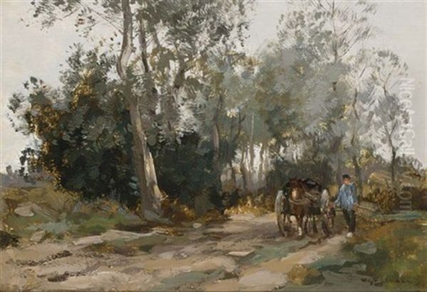 A Horsedrawn Cart On A Country Lane Oil Painting by Willem George Frederik Jansen