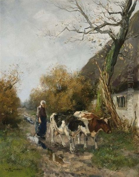 A Peasant Woman With Her Cattle Near A Farm Oil Painting by Willem George Frederik Jansen