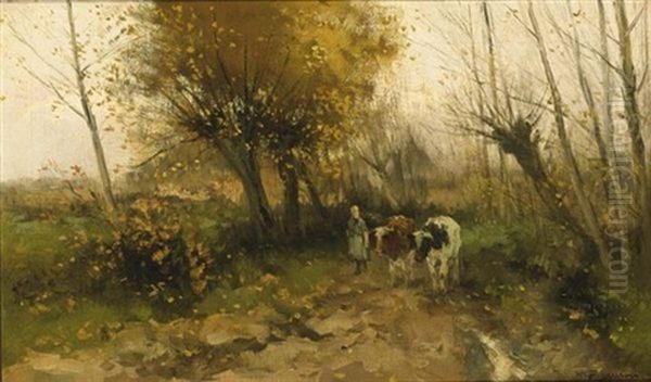 A Cowherdess With Her Flock On A Country Lane Oil Painting by Willem George Frederik Jansen