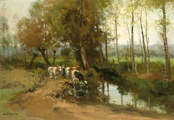 Watering Cows In A Wooded Landscape Oil Painting by Willem George Frederik Jansen