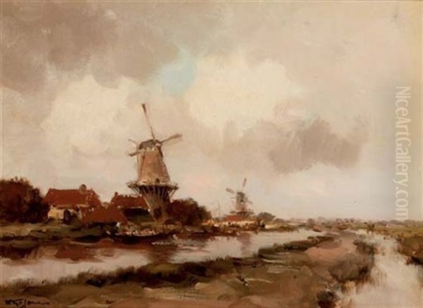 Windmills Near A Canal Oil Painting by Willem George Frederik Jansen