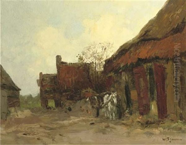 A Horse And Cart In The Farmyard by Willem George Frederik Jansen