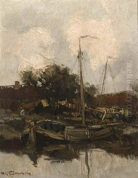 Moored Sailing Vessels Oil Painting by Willem George Frederik Jansen