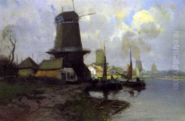 Windmills By A Canal, Holland Oil Painting by Willem George Frederik Jansen