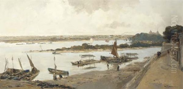 Shipping On The Waal Near Woudrichem With Loevestein Castle In The Distance Oil Painting by Willem George Frederik Jansen