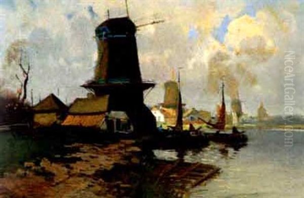 Dutch Canal With Boatmen By A Windmill Oil Painting by Willem George Frederik Jansen