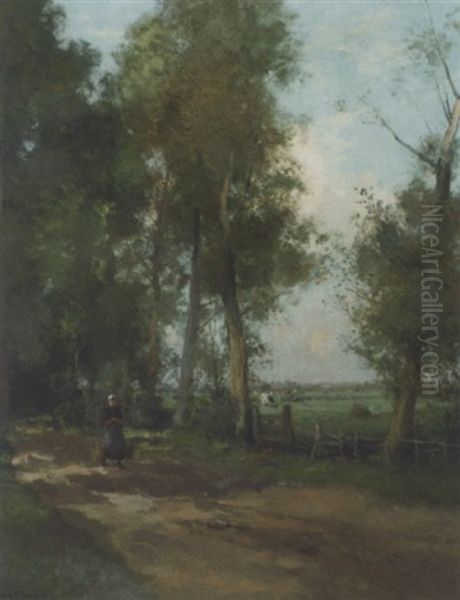 A Peasant Woman On A Wooded Path By A Meadow Oil Painting by Willem George Frederik Jansen