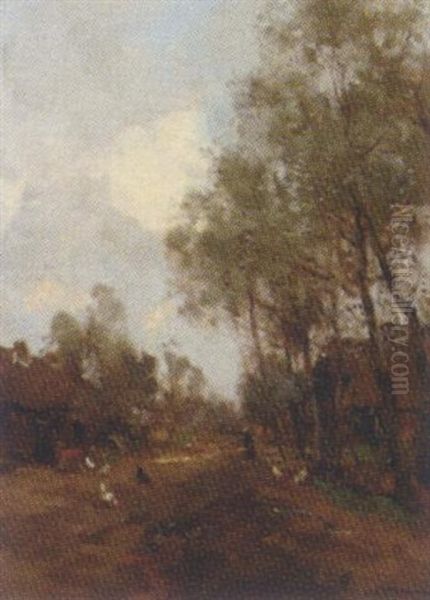 Brabantsch Landschap: Chickens On A Country Path Oil Painting by Willem George Frederik Jansen