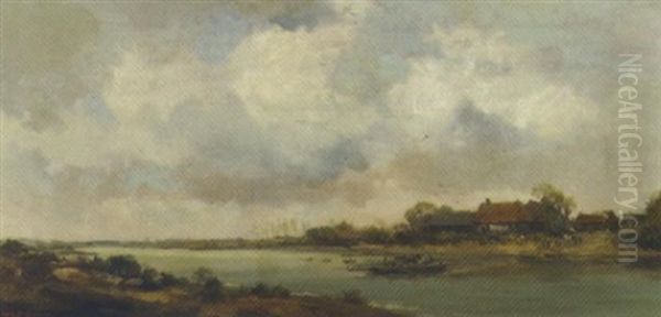 A Ferry Across A River, Arcen (?) Oil Painting by Willem George Frederik Jansen