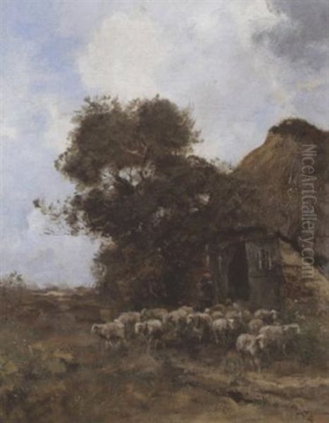 A Drover And Sheep Outside A Barn Oil Painting by Willem George Frederik Jansen