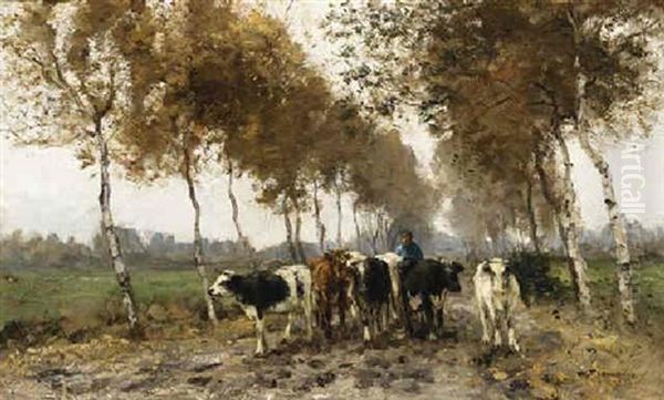 A Farmer And His Cattle On A Country Road Oil Painting by Willem George Frederik Jansen