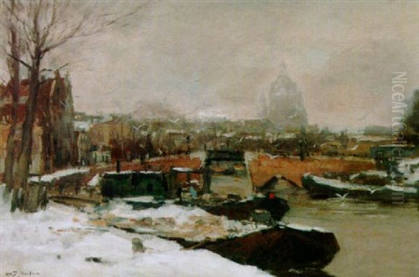 A View Of An Amsterdam Canal In Winter, The Nicolaas Church In The Background Oil Painting by Willem George Frederik Jansen