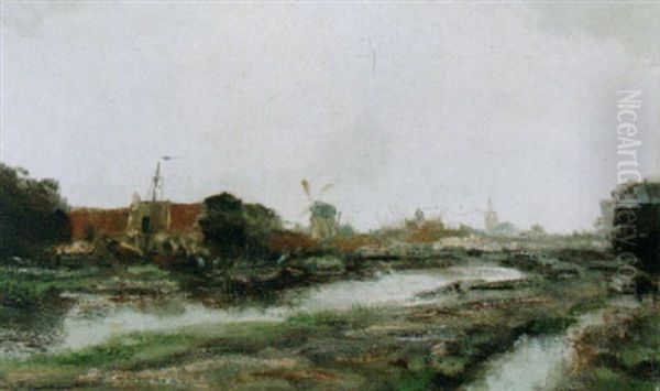 A View Of A Village Along A River Oil Painting by Willem George Frederik Jansen