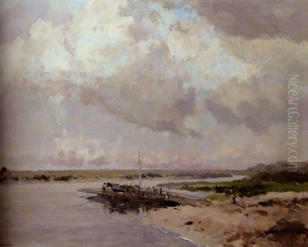 A Ferry In Wessem, Limburg Oil Painting by Willem George Frederik Jansen