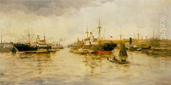 A View Of Rotterdam Harbour With The Holland-america Line In The Distance by Willem George Frederik Jansen