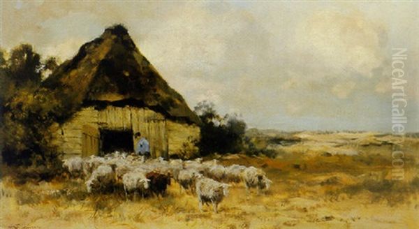 A Shepherd With His Flock On The Moor Oil Painting by Willem George Frederik Jansen