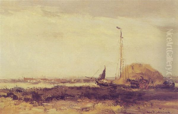 A Haybridge In A Polder Landscape Oil Painting by Willem George Frederik Jansen