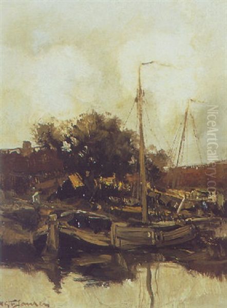 Moored Boats Oil Painting by Willem George Frederik Jansen