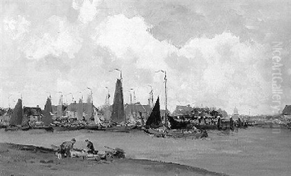 A View Of Breskens With Fishermen On A Quay Oil Painting by Willem George Frederik Jansen