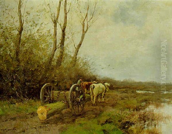 A Forester Hawling Timber In A Wooded Landscape Oil Painting by Willem George Frederik Jansen