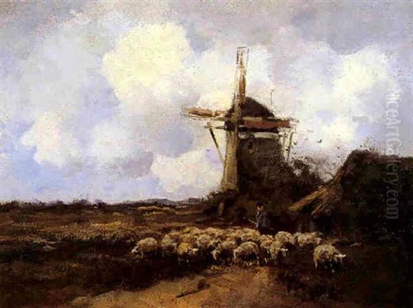 Landscape With Windmill, Sheep And Shepherd Oil Painting by Willem George Frederik Jansen