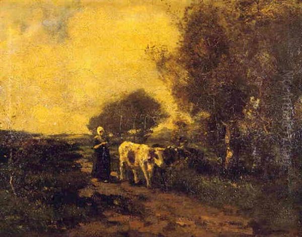 Woman With Cows On A Country Path Oil Painting by Willem George Frederik Jansen