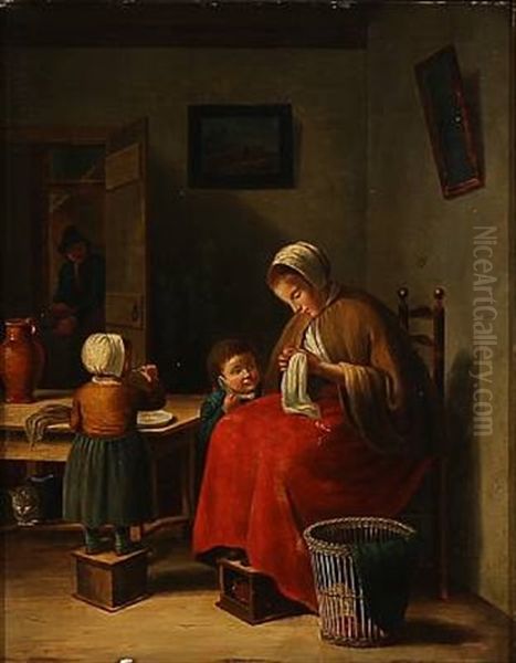 Interior With A Family Oil Painting by Johannes Christiaan Janson