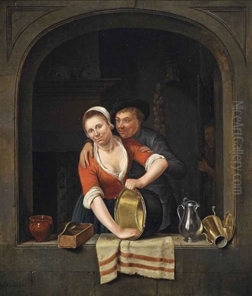 An Amorous Couple In A Window With Earthenware, A Pan And Metal Decanters, A Kitchen Interior With A Figure Behind A Door Beyond Oil Painting by Johannes Christiaan Janson