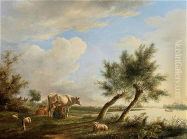 Hollandische Flusslandschaft Mit Hirten Und Herde Oil Painting by Johannes Christiaan Janson