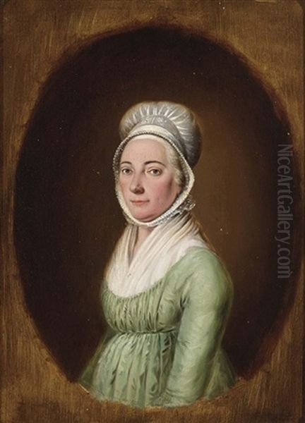 A Portrait Of A Young Lady Wearing A Green Dress And A White Lace Hairdress Oil Painting by Johannes Christiaan Janson