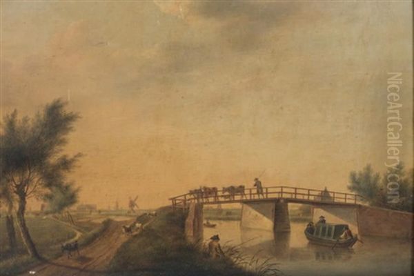 Paysage Au Pont Et Promeneurs by Johannes I Janson