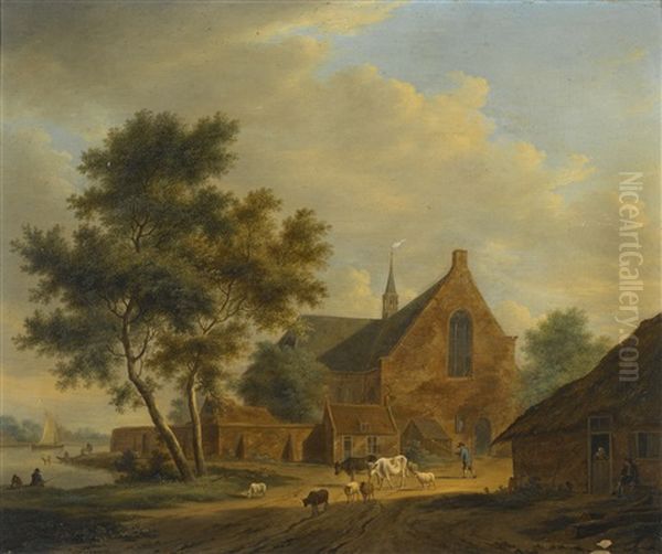 A Drover With Livestock By A Church And A River Oil Painting by Johannes I Janson