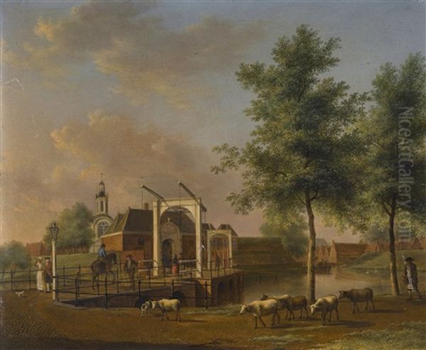 A View Of Hogewoerd City Gate, Leiden, With Figures On The Bridge And A Shepherd With His Flock Oil Painting by Johannes I Janson