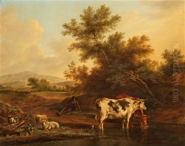 Landschaft Mit Hirte, Rindern, Schafen Und Ziege Oil Painting by Johannes I Janson