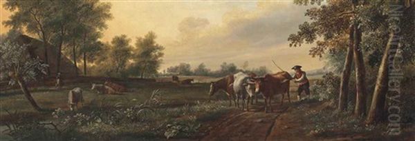 A River Landscape With A Drover And His Cattle, A Windmill Beyond Oil Painting by Johannes I Janson