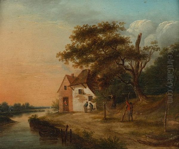 Flusslandschaft Mit Bauernhaus Oil Painting by Johannes I Janson