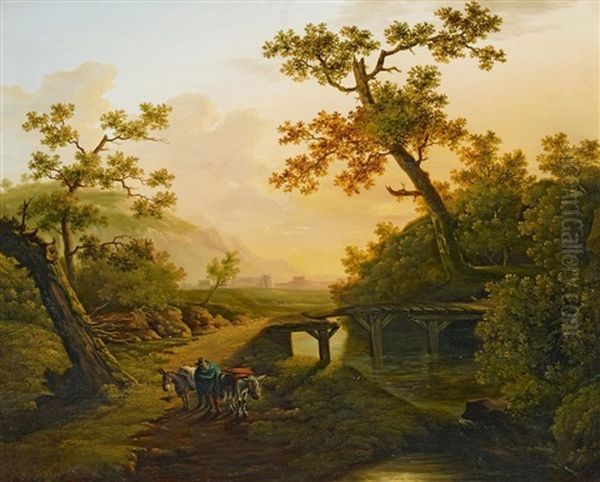 Ideale Italienische Landschaft Bei Sonnenuntergang Mit Reiter Im Vordergrund Oil Painting by Johannes I Janson